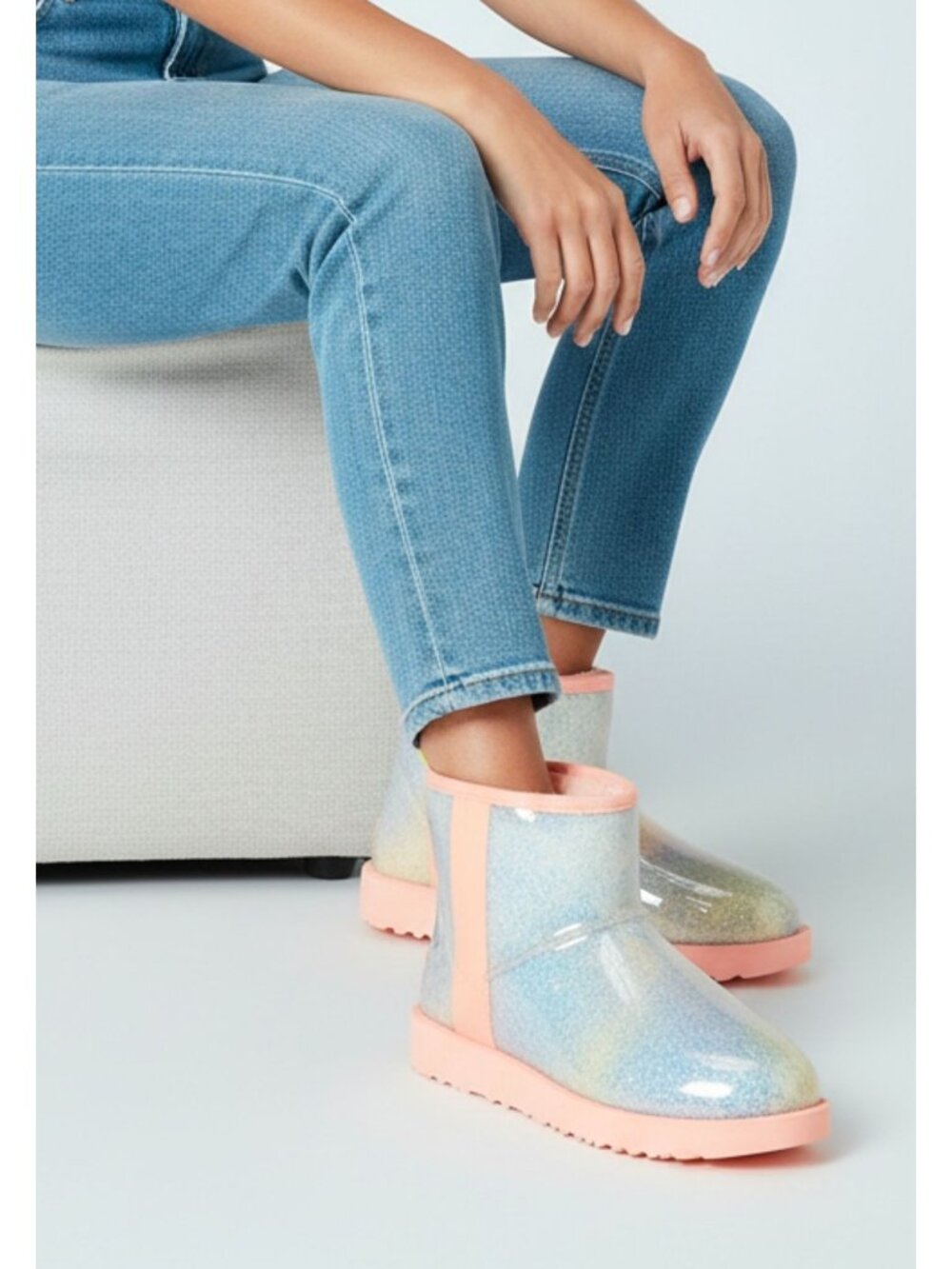 Rainbow Gradient Womens Ankle Boots With Transparent Glossy Outer Layer & Pink S